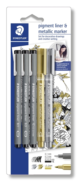 Staedtler Fineliner пигментна писалка черен + сребърен и златен (3+2)